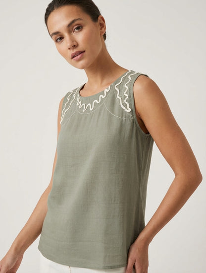 Einfarbiges Oberteil mit Wellenstickerei-Details - Kaki