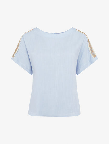 Top manches courtes à broderies ajourés - Bleu ciel - 1
