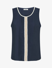 Top sans manches à col rond et broderie - Marine - 1