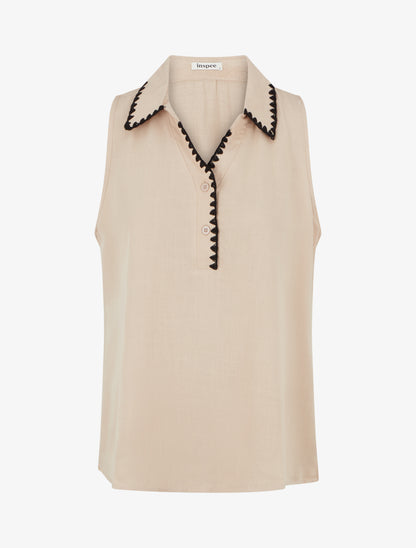 Chemisier sans manches à col brodé - Beige - 1