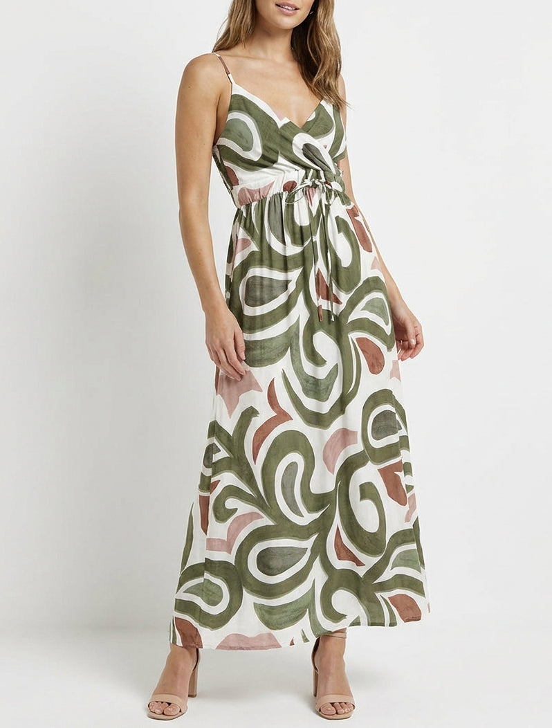 Langes Kleid mit Fantasiemuster - Kaki