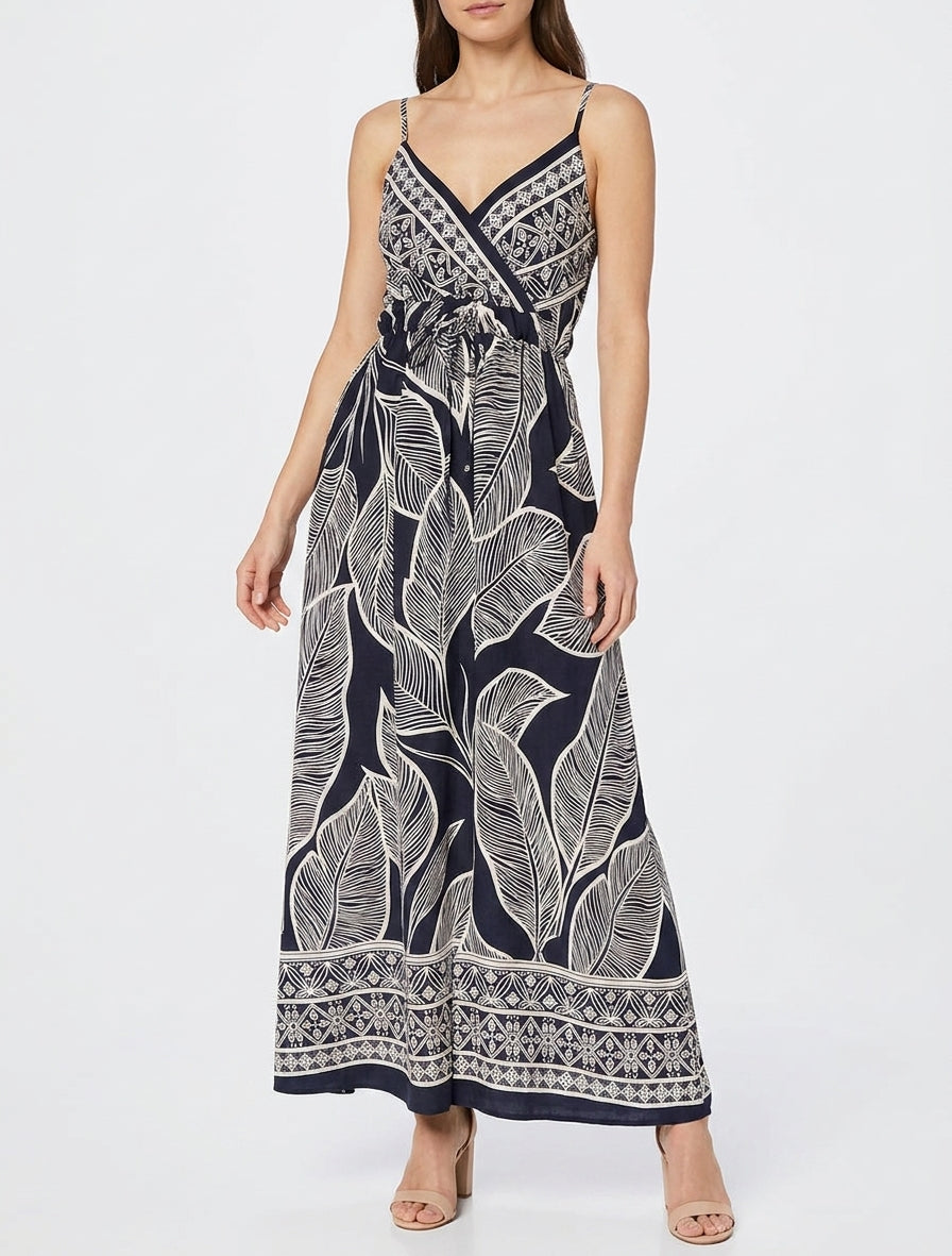 Langes Kleid mit stilisiertem Blätterdruck - Marine