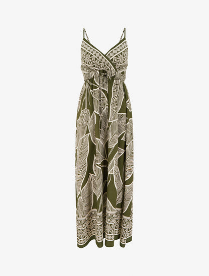 Robe longue imprimé feuilles stylisées - Kaki - 1