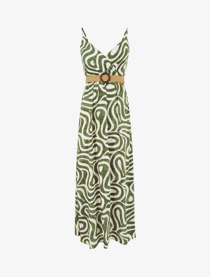 Robe longue évasée imprimé courbes fantaisies - Kaki - 1