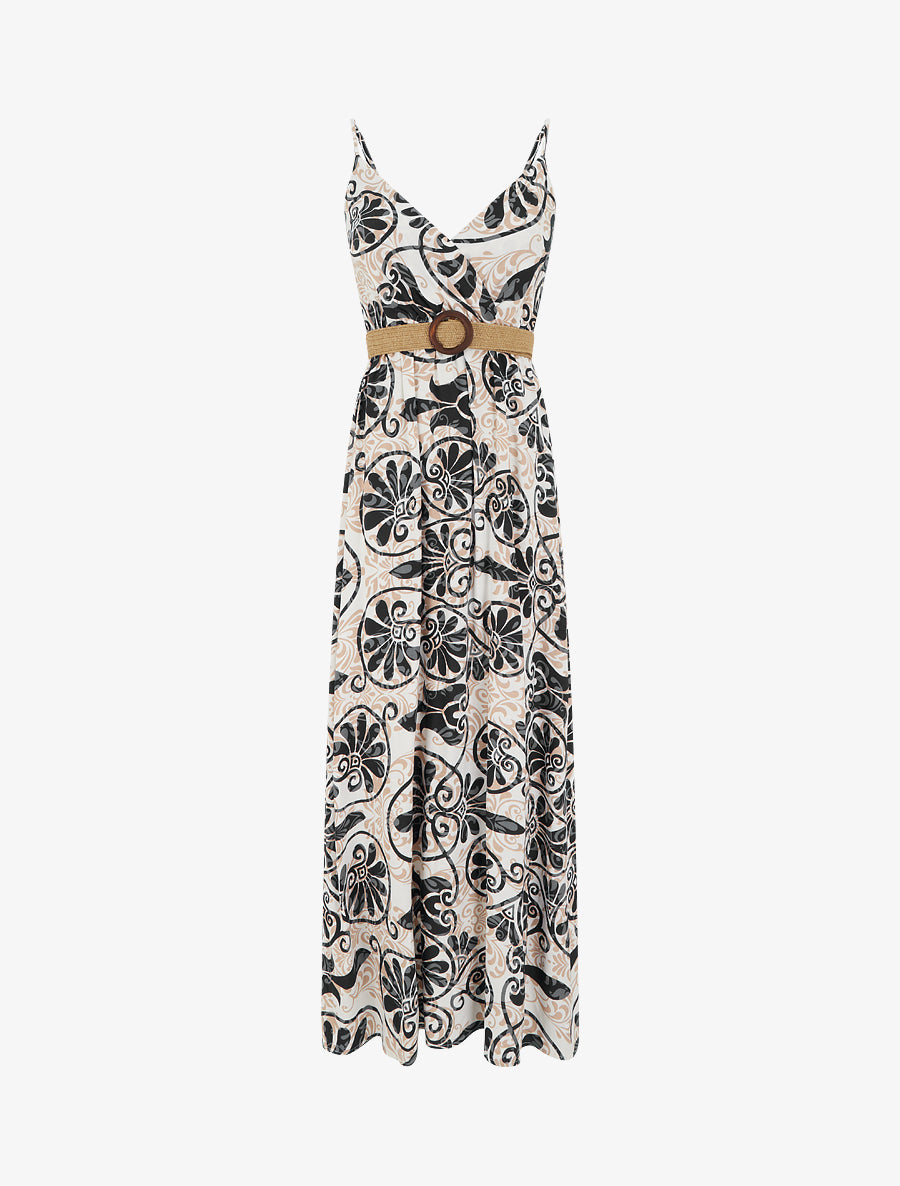 Robe longue évasée imprimé arabesques stylisés - Noir - 1