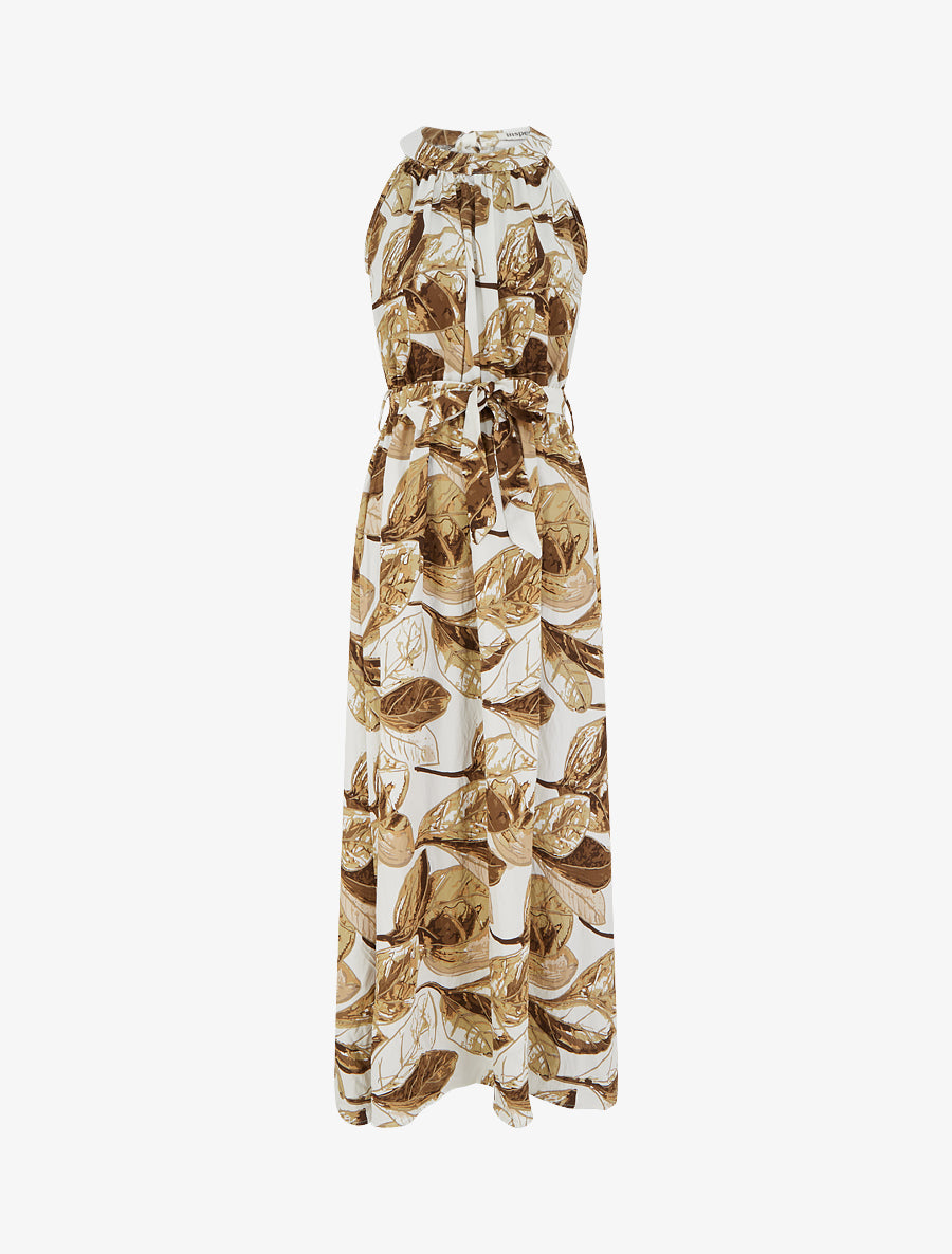 Robe longue élastiquée imprimé feuillage - Marron - 1