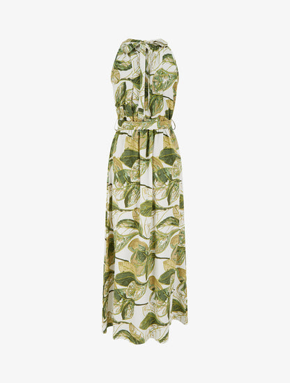 Robe longue élastiquée imprimé feuillage - Kaki - 2