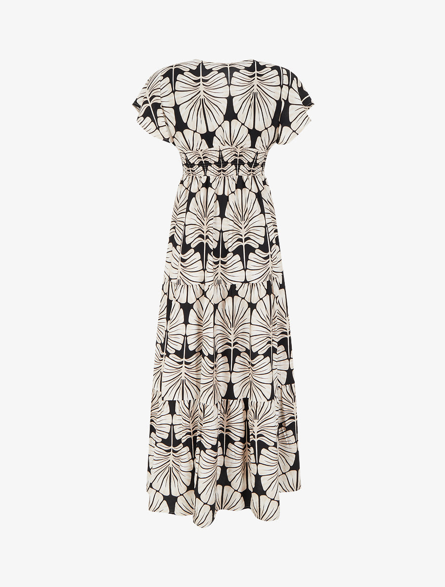 Robe longue manches courtes imprimé grandes feuilles - Noir - 2