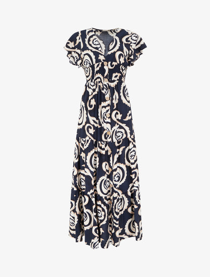 Robe longue manches courtes imprimé cachemire stylisé - Marine - 1