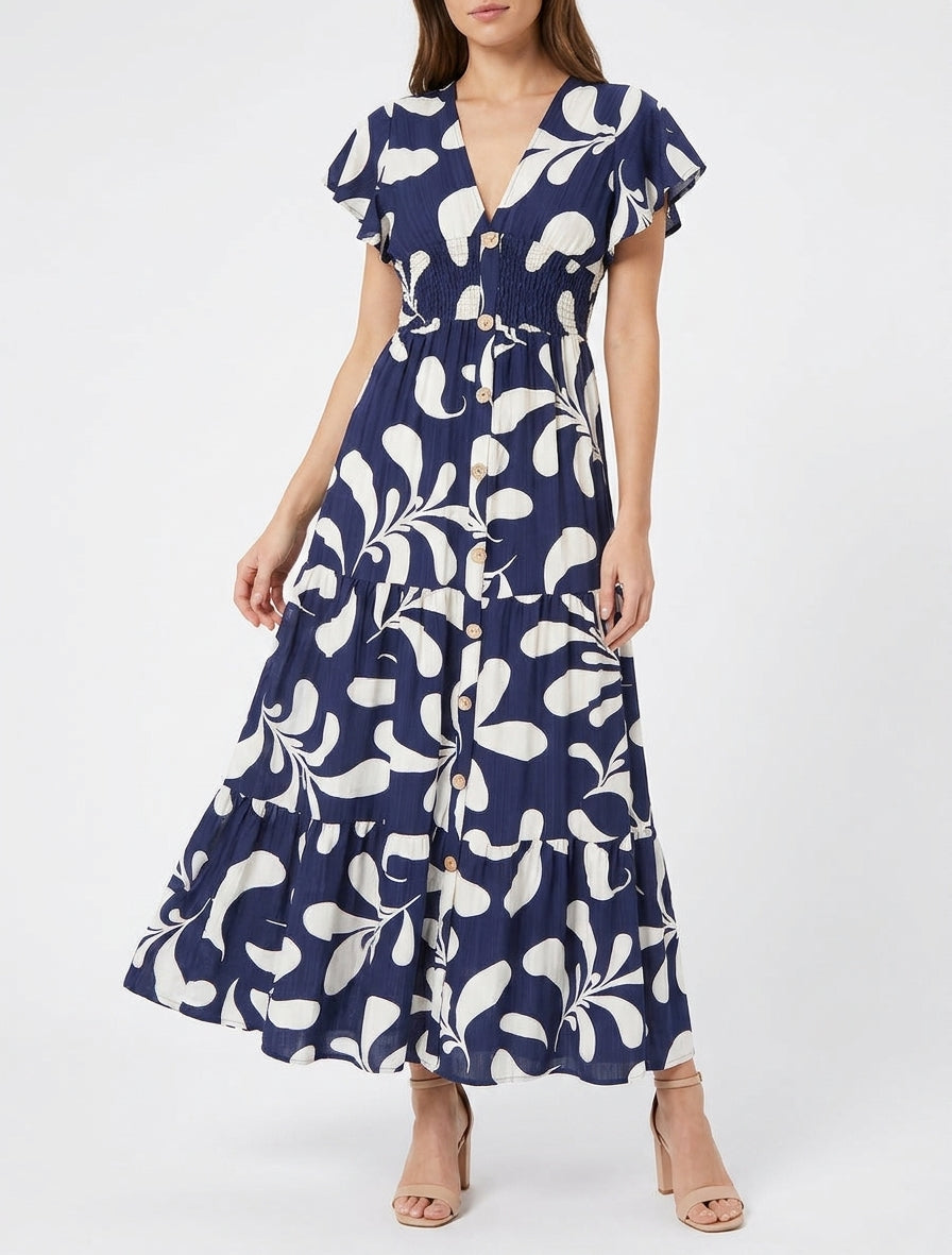 Langes Kleid mit kurzen Ärmeln und stilisiertem Pflanzenmuster - Marine