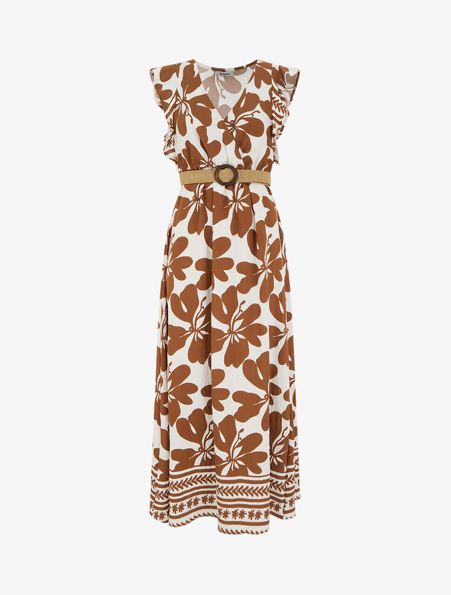 Robe longue imprimé grandes fleurs à col cache-coeur - Marron - 1