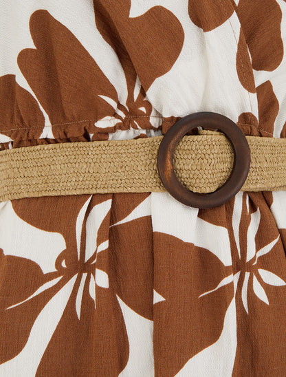 Robe longue imprimé grandes fleurs à col cache-coeur - Marron - 3