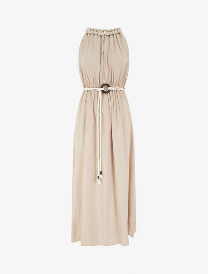 Robe longue unie à col rond stylisé - Taupe - 1