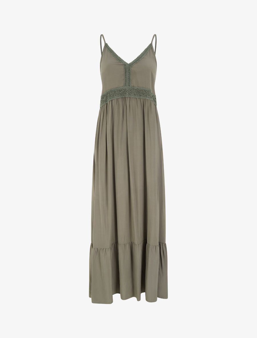 Robe longue unie à taille en dentelle - Kaki - 1