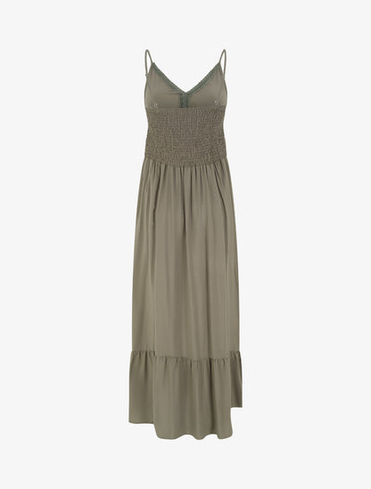 Robe longue unie à taille en dentelle - Kaki - 2