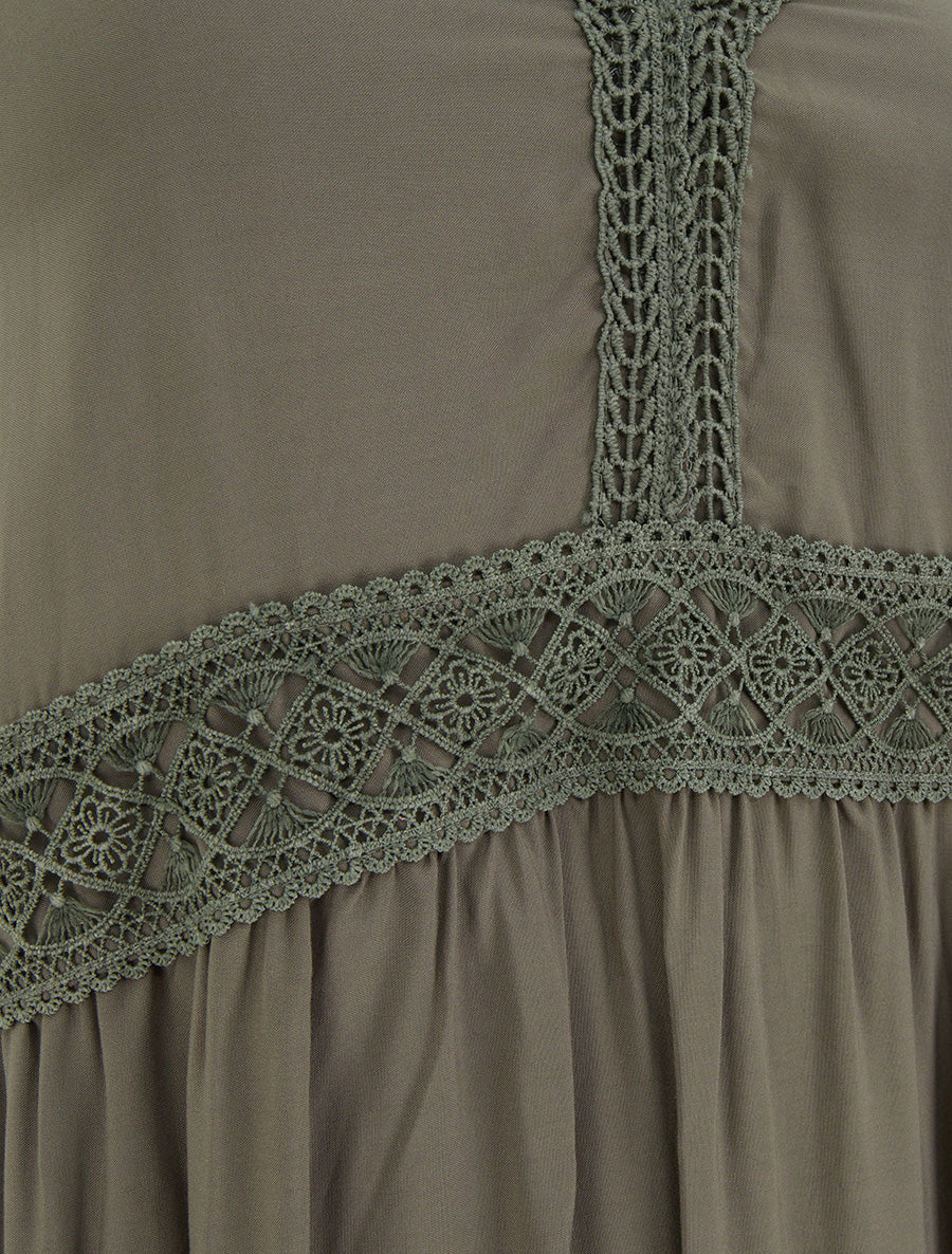 Robe longue unie à taille en dentelle - Kaki - 3