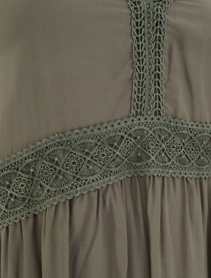 Robe longue unie à taille en dentelle - Kaki - 3