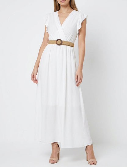 Langärmeliges Kleid mit Wickelausschnitt - Weiß