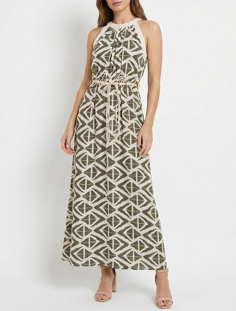 Langes Kleid mit amerikanischem Kragen und grafischem Druck. - Kaki