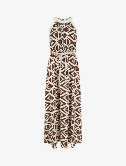 Robe longue à col américain imprimé graphique - Marron - 1