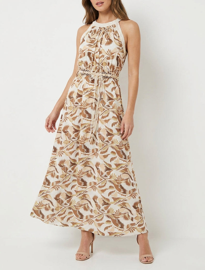 Langes Kleid mit amerikanischem Kragen und Fantasiemuster - Braun