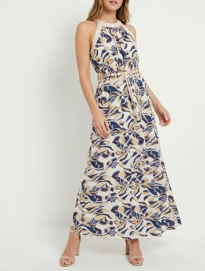 Langes Kleid mit amerikanischem Kragen und Fantasiemuster - Marine