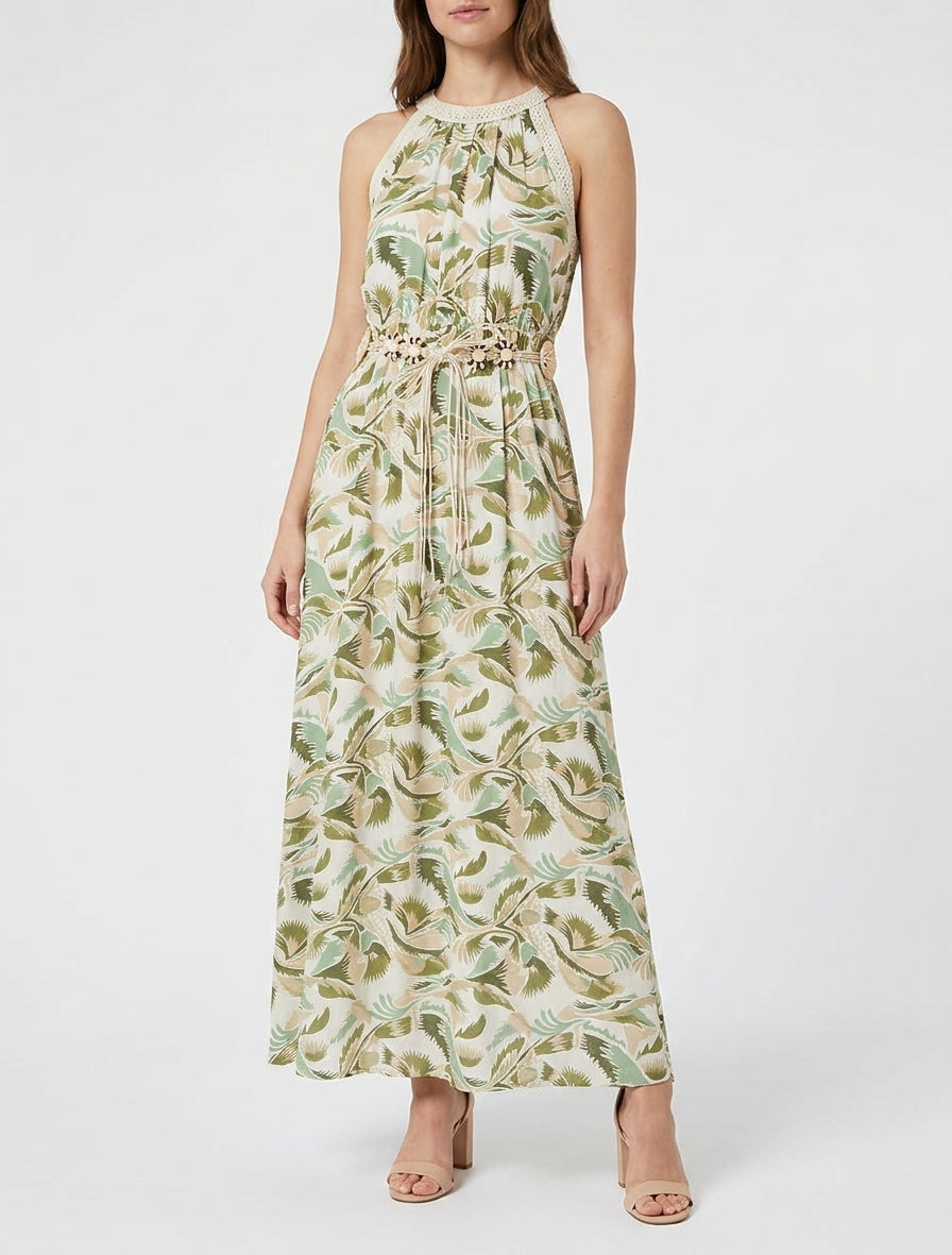 Langes Kleid mit amerikanischem Kragen und Fantasiemuster - Grün
