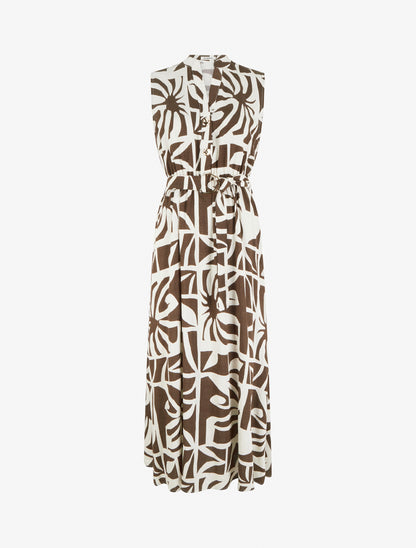 Robe longue imprimé stylisé à boutons décoratifs - Marron - 1