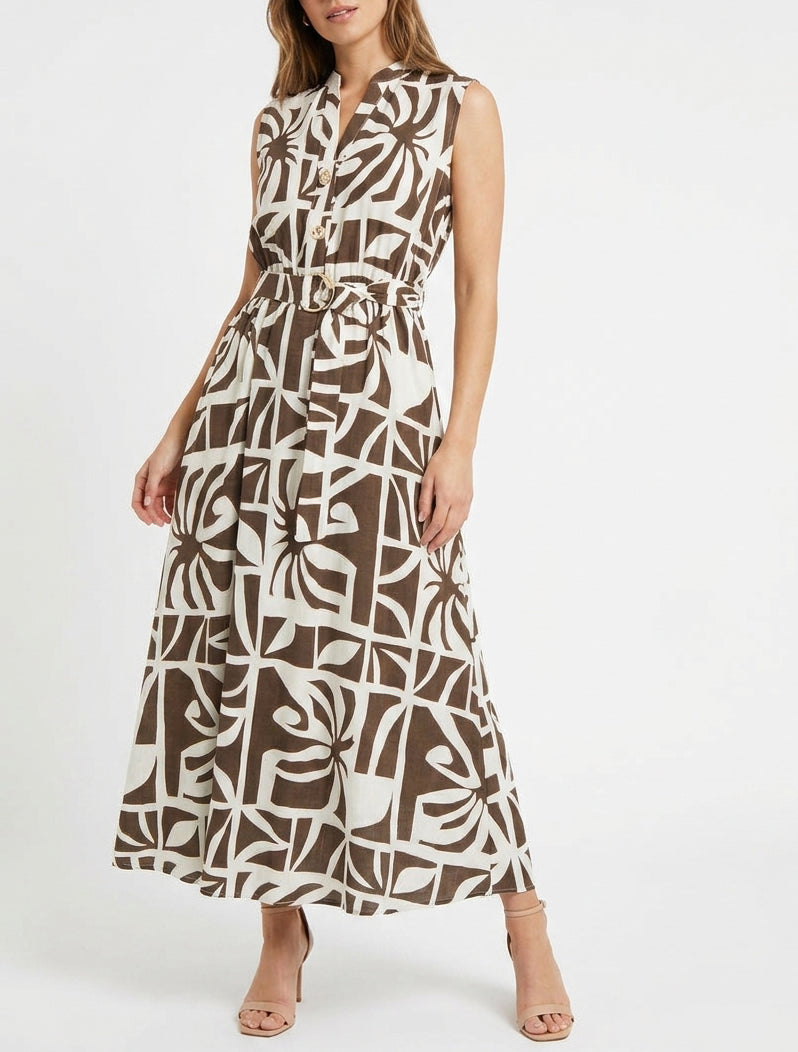 Langes Kleid mit stilisiertem Druck und dekorativen Knöpfen - Braun