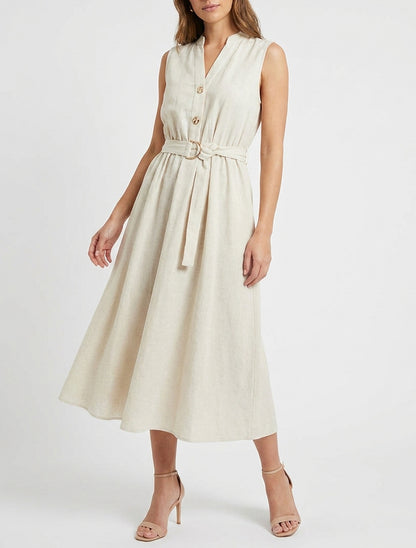 Langes einfarbiges Kleid in Leinenoptik - Beige