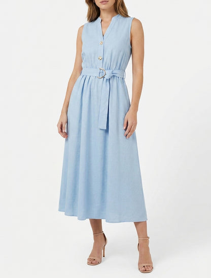 Langes einfarbiges Kleid in Leinenoptik - Himmelblau