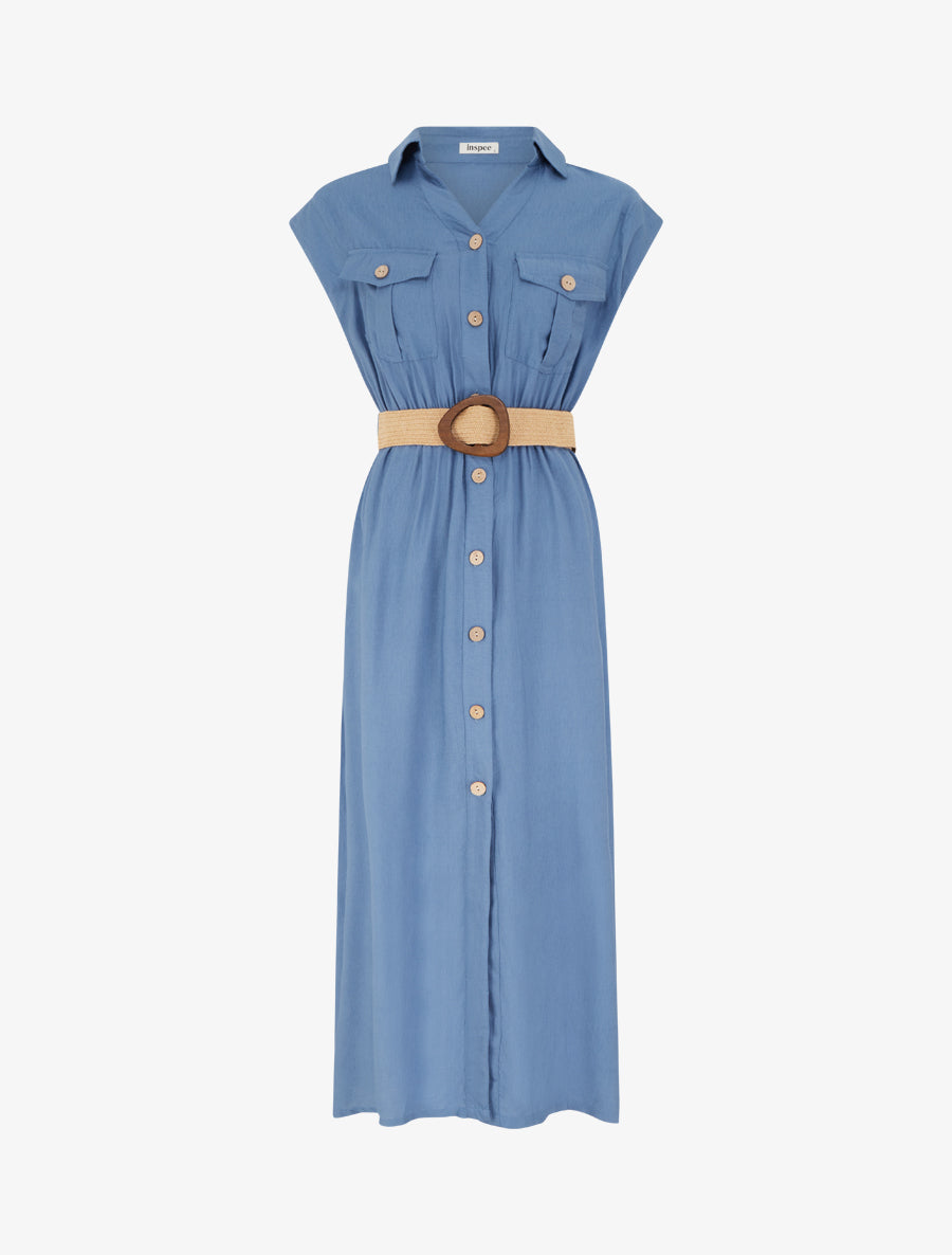 Robe longue unie boutonnée - Bleu - 1