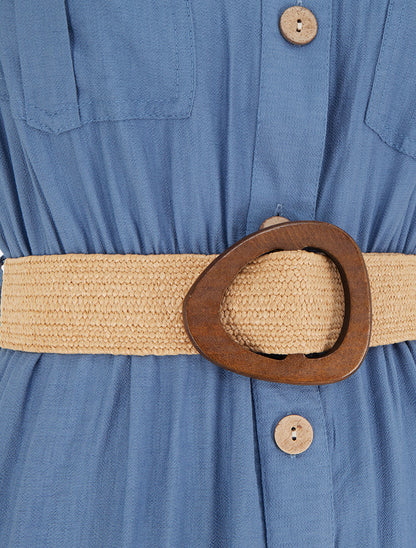 Robe longue unie boutonnée - Bleu - 3