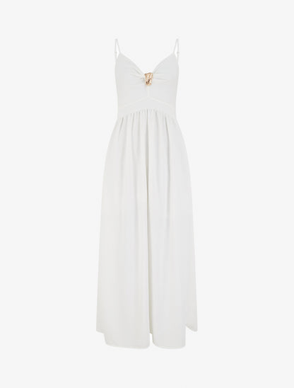 Robe longue unie à col V bijou - Blanc - 1