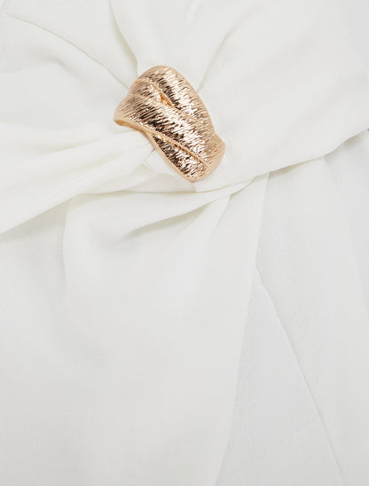 Robe longue unie à col V bijou - Blanc - 3