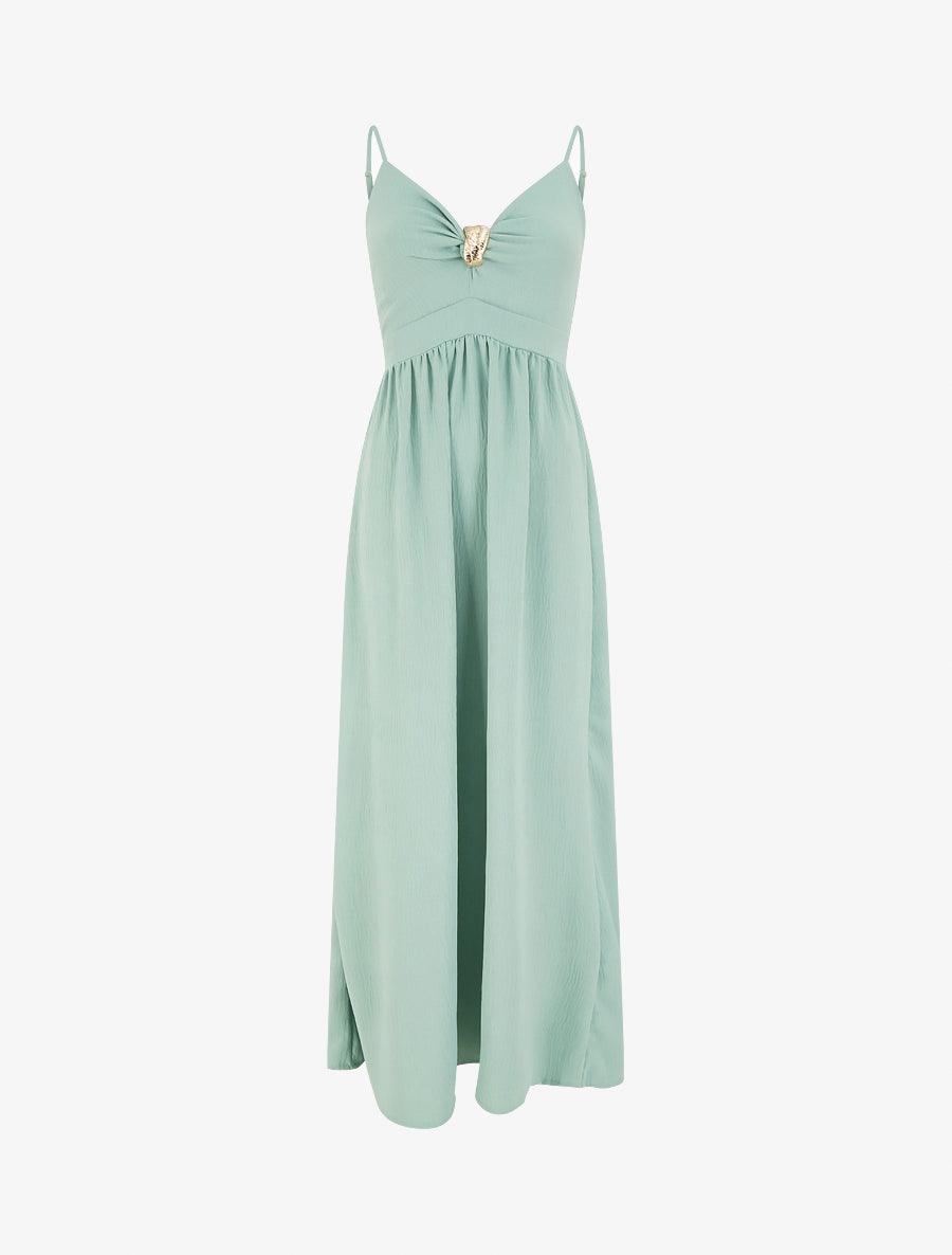 Robe longue unie à col V bijou - Vert d&