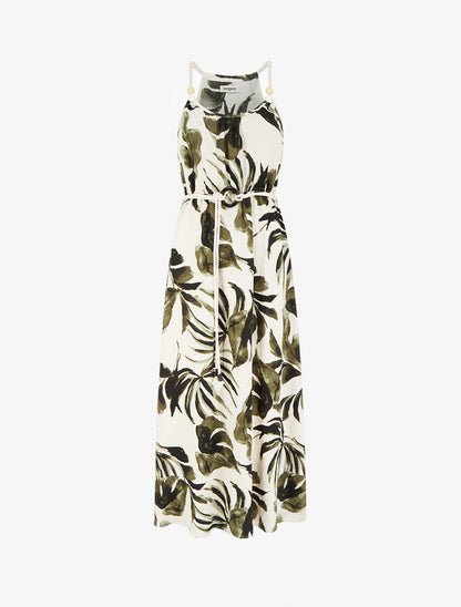 Robe imprimé feuilles à bretelles en cordelettes - Kaki - 1