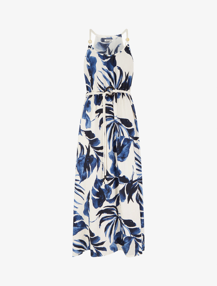 Robe imprimé feuilles à bretelles en cordelettes - Marine - 1