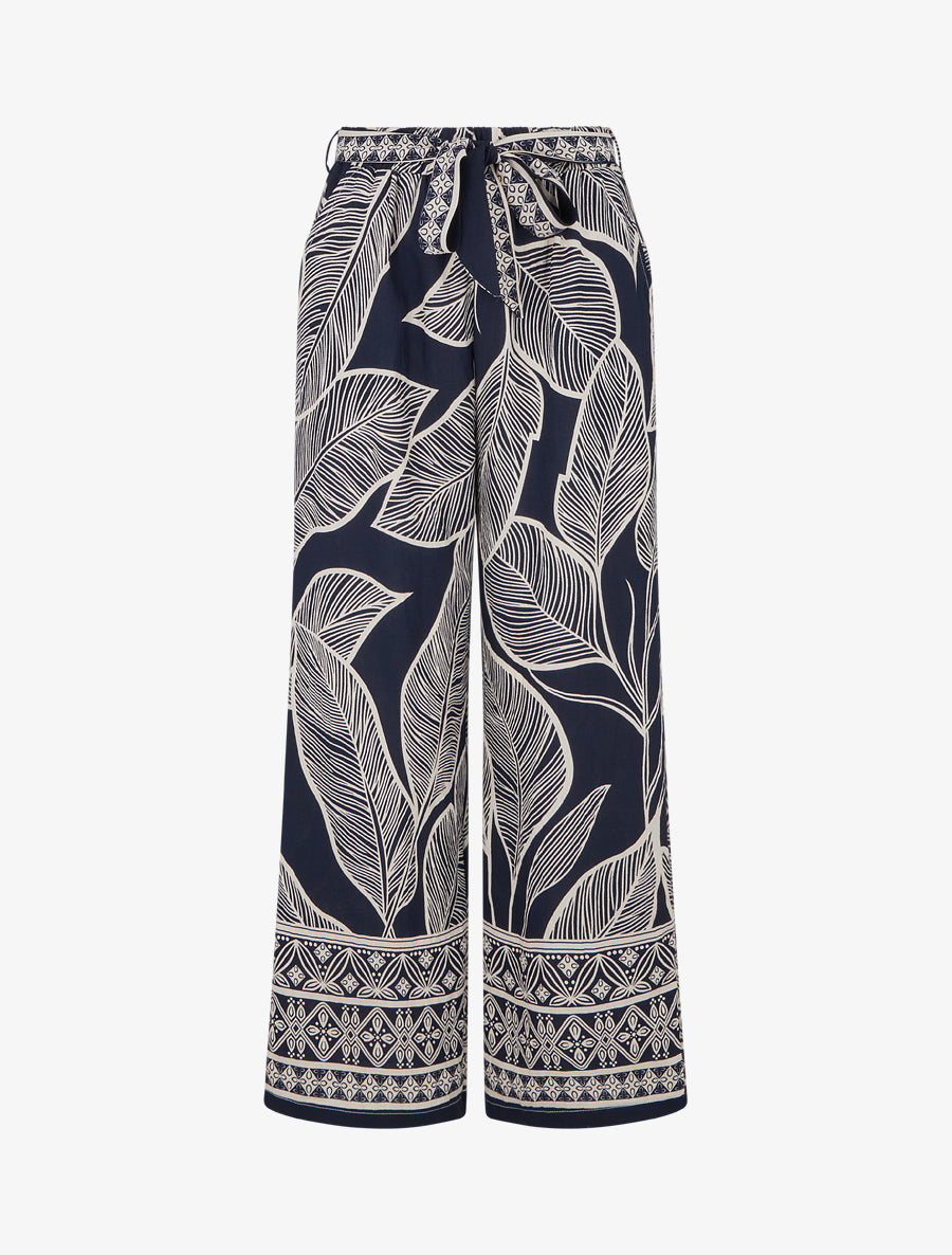 Pantalon élastiqué coupe droite imprimé feuilles stylisées - Marine - 1