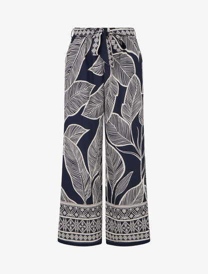 Pantalon élastiqué coupe droite imprimé feuilles stylisées - Marine - 1