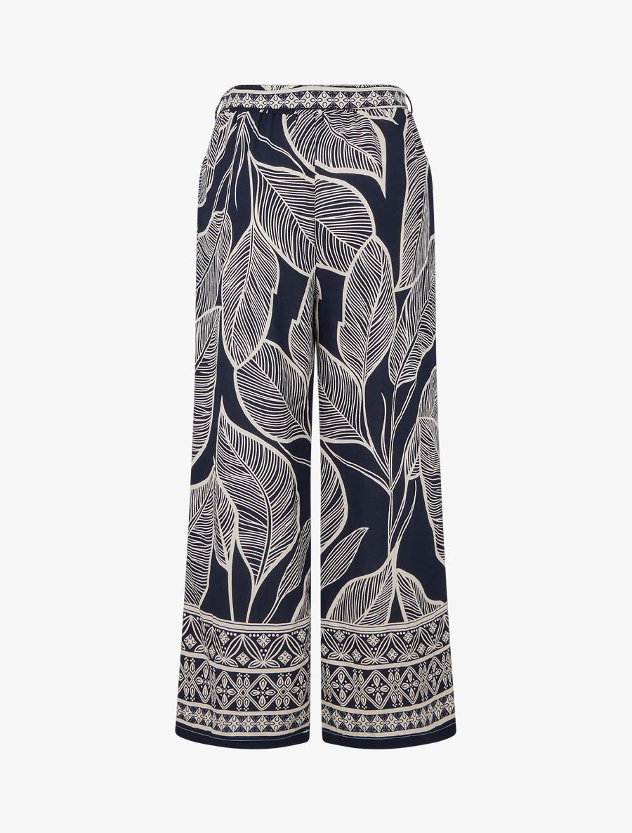Pantalon élastiqué coupe droite imprimé feuilles stylisées - Marine - 2