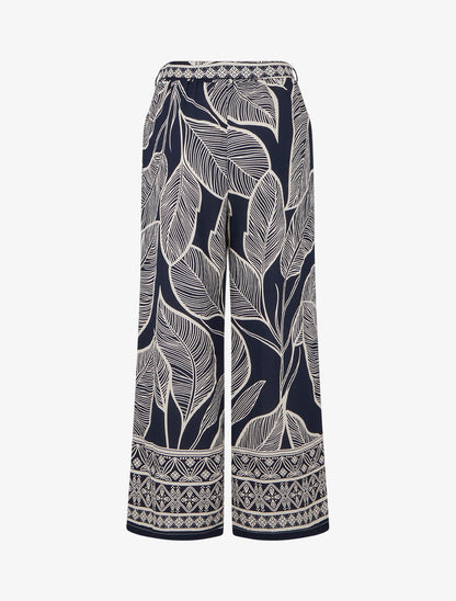 Pantalon élastiqué coupe droite imprimé feuilles stylisées - Marine - 2
