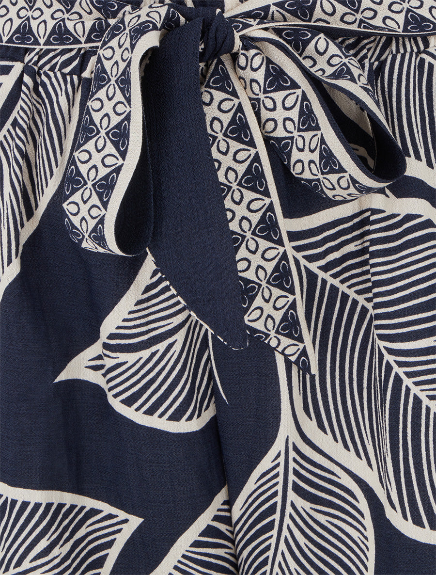 Pantalon élastiqué coupe droite imprimé feuilles stylisées - Marine - 3