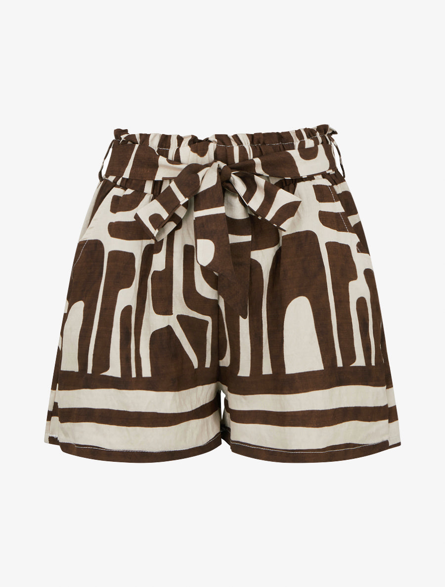 Elastische bedruckte Shorts mit Fantasiemuster - Braun