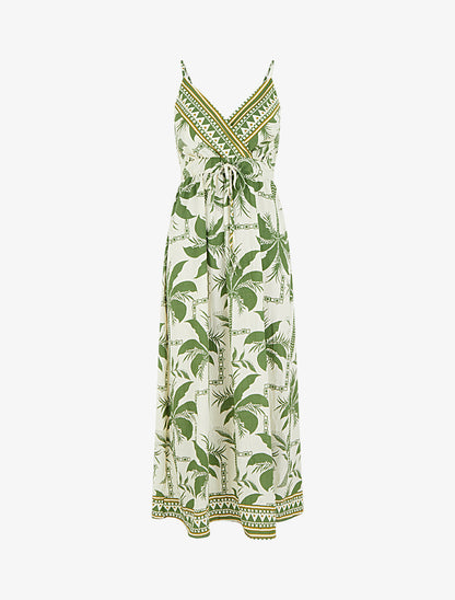Robe longue à imprimé palmiers - Kaki - 1