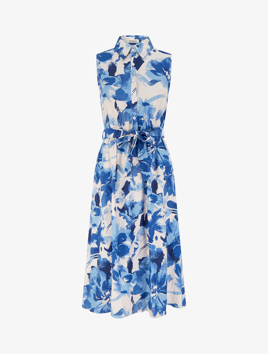 Robe longue style chemise imprimé abstrait - Bleu - 1