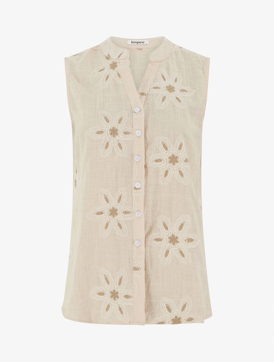 Blouse sans manches à broderies fleuries - Beige - 1