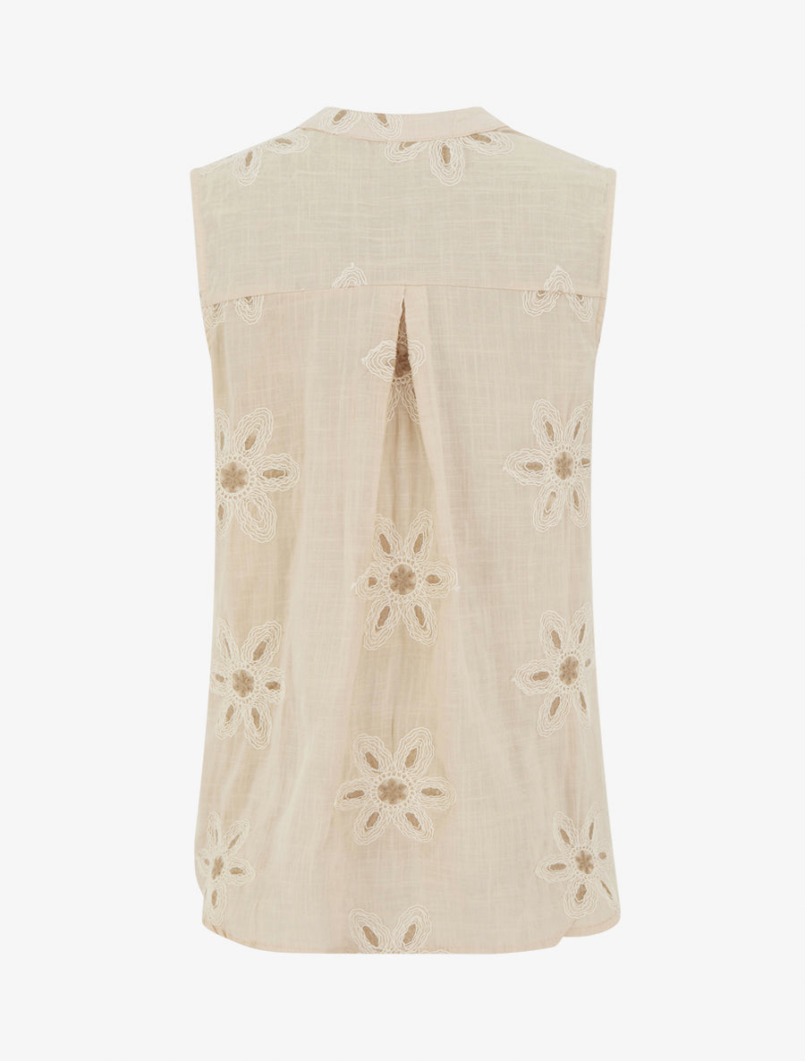 Blouse sans manches à broderies fleuries - Beige - 2