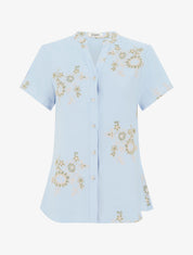 Blouse manches courtes à broderies fleuries - Bleu ciel - 1
