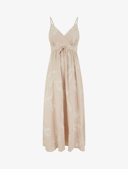 Robe longue empire à broderies feuilles stylisées - Beige - 1